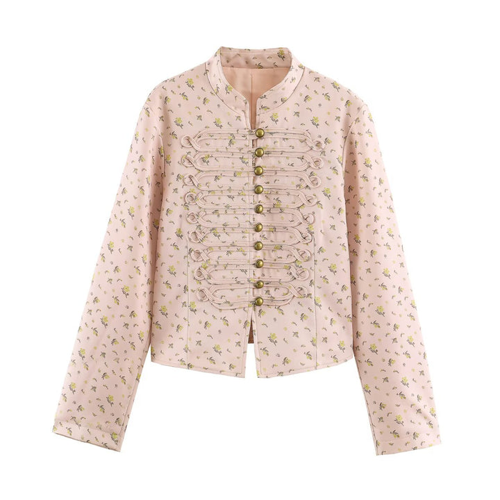 Women Cropped Satin Jacket in Military Style with Decorative Frog Trim Mune Fashion