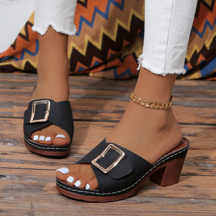 Damen Offene Slip-On Mules mit mittelhohem Blockabsatz und großer Zierschnalle Mune Fashion