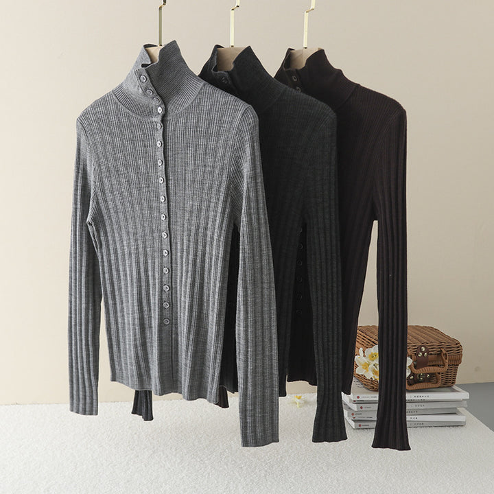 Women's Slim Ribbed Long Sleeve Cardigan with Concealed Button Placket and Stand-Up Collar Mune Fashion