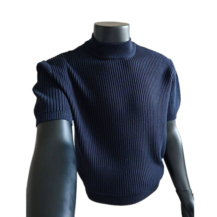 Men's short-sleeved ribbed knit shirt with stand-up collar and slim fit Mune Fashion
