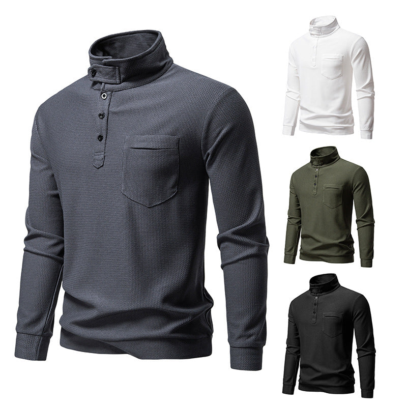 Men's Textured Waffle Knit Henley Shirt with High Collar, Button Placket and Chest Pocket Mune Fashion