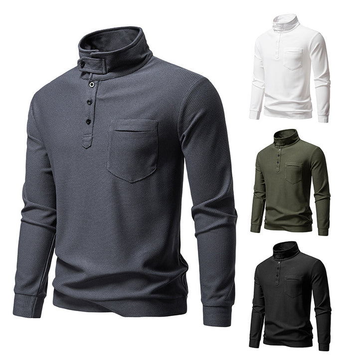 Men's Textured Waffle Knit Henley Shirt with High Collar, Button Placket and Chest Pocket Mune Fashion