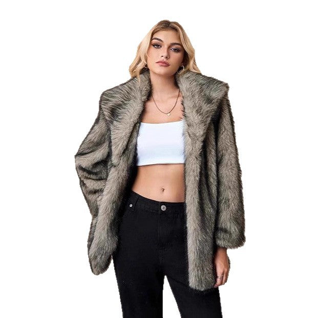 Women Short Faux-Fur Coat with Wide Shawl Collar, Open Front and Pockets Mune Fashion
