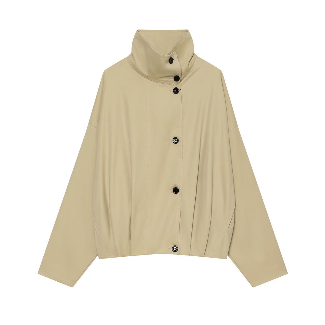 Women's Short Water-Repellent Cape Jacket with High Stand-Up Collar and Concealed Button Placket Mune Fashion