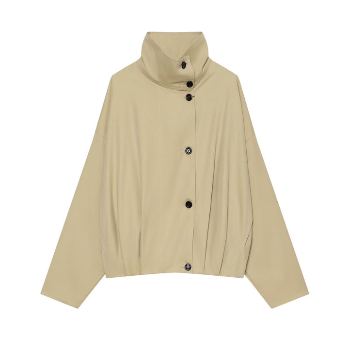 Women's Short Water-Repellent Cape Jacket with High Stand-Up Collar and Concealed Button Placket Mune Fashion