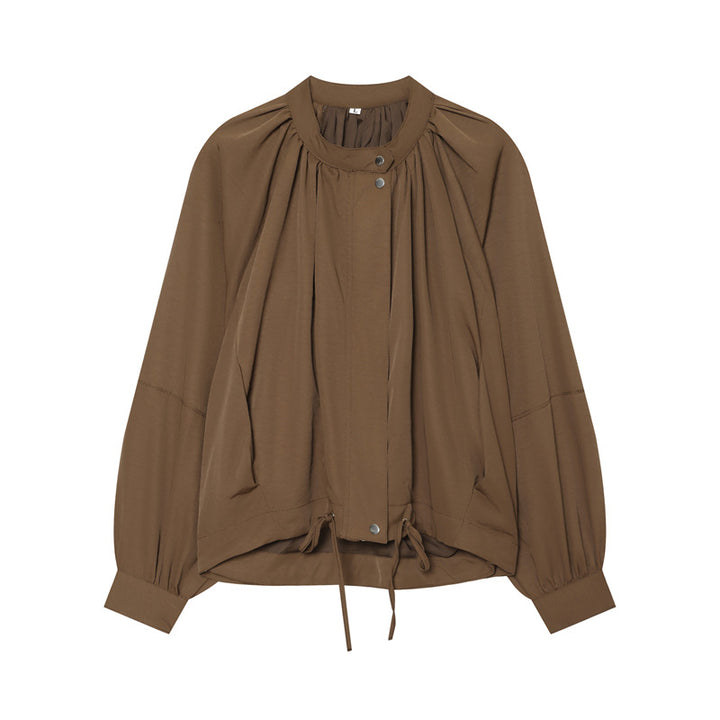 Women's Lightweight Blouson Jacket with Gathered Stand Collar, Balloon Sleeves, and Drawstring Mune Fashion