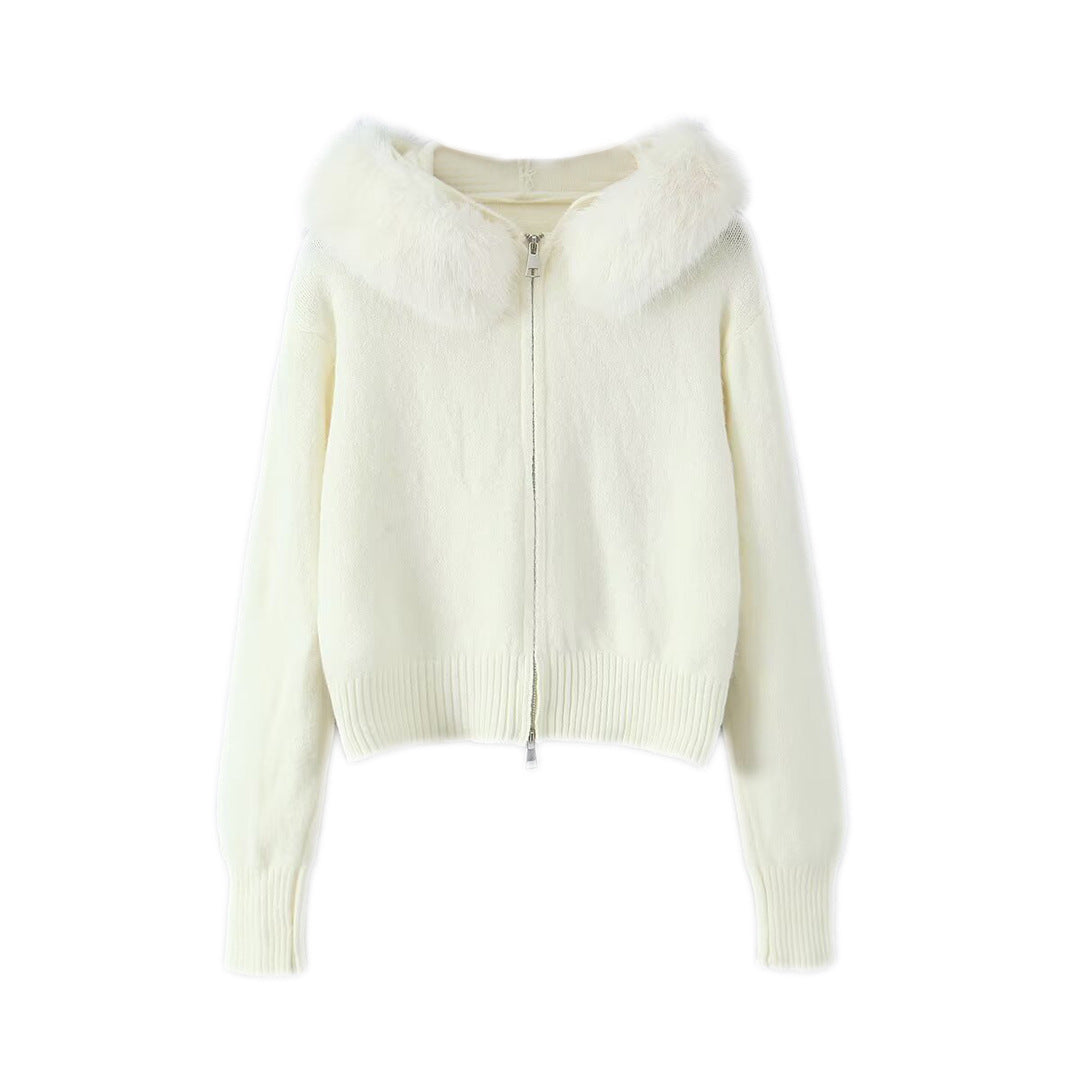Women Short-Cut Knit Jacket with Zipper and Removable Faux Fur Collar Mune Fashion