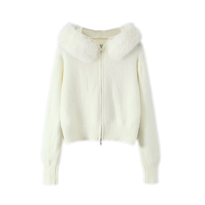 Women Short-Cut Knit Jacket with Zipper and Removable Faux Fur Collar Mune Fashion