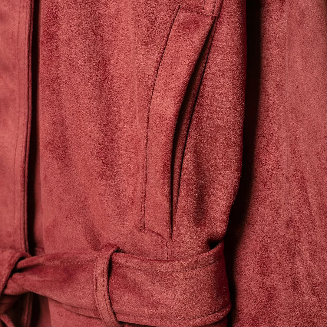 Women's kimono-inspired velour jacket with tie belt and high stand-up collar Mune Fashion