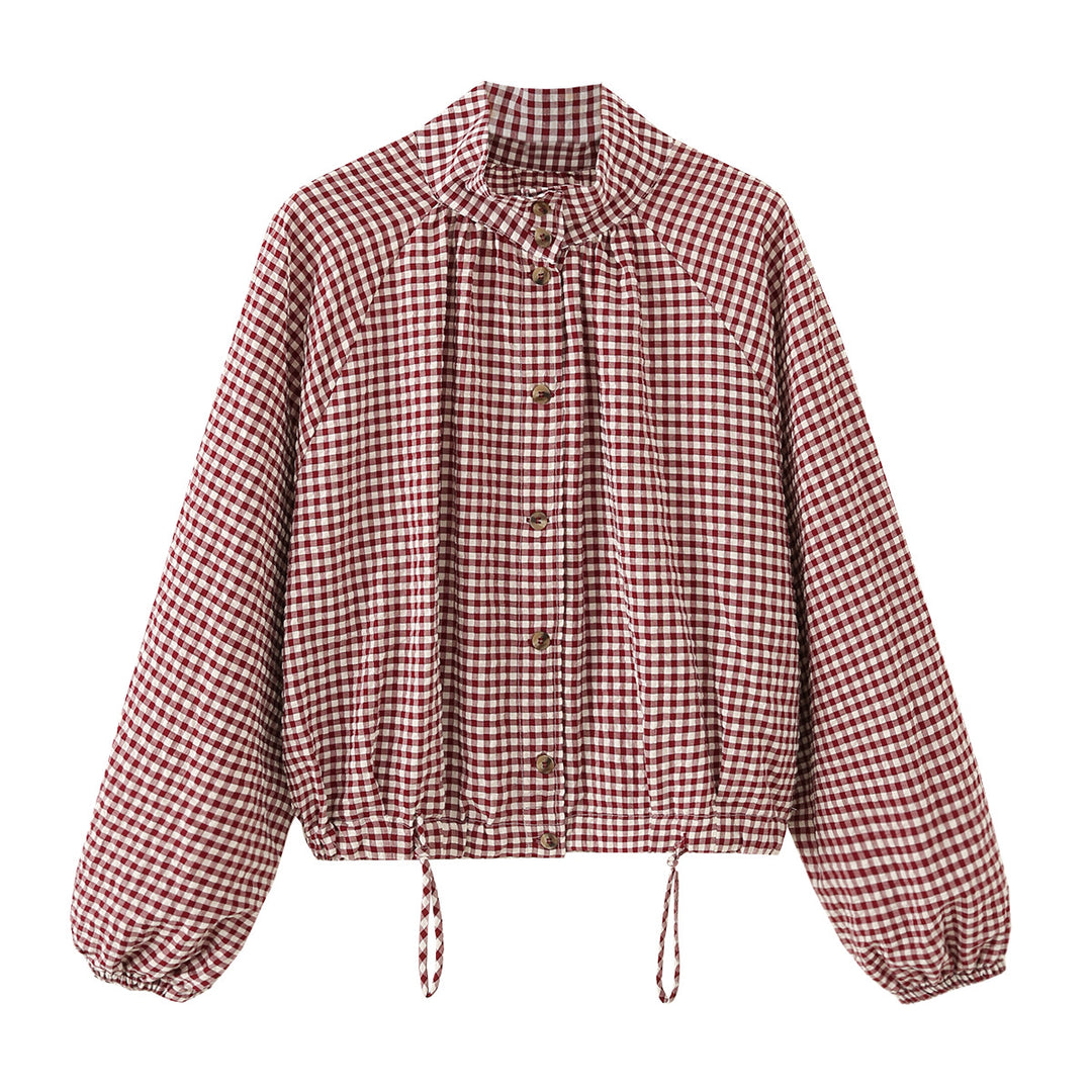 Women's Checked Oversize Blouson with Drawstring and Stand Collar Mune Fashion