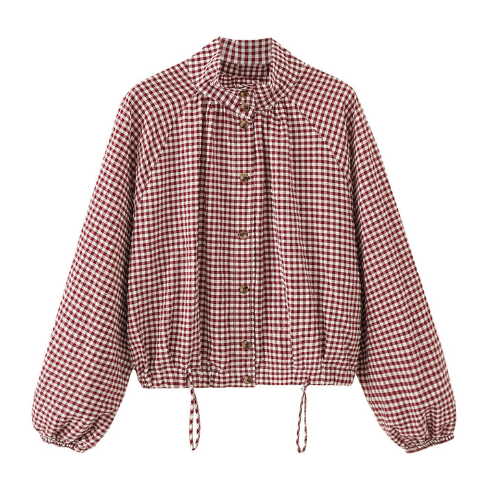 Women's Checked Oversize Blouson with Drawstring and Stand Collar Mune Fashion