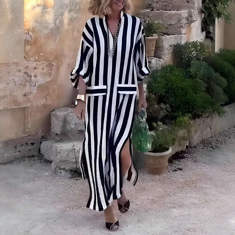 Women casual long shirt dress with vertical stripe pattern, V-neck, patch pockets, and high side slit Mune Fashion