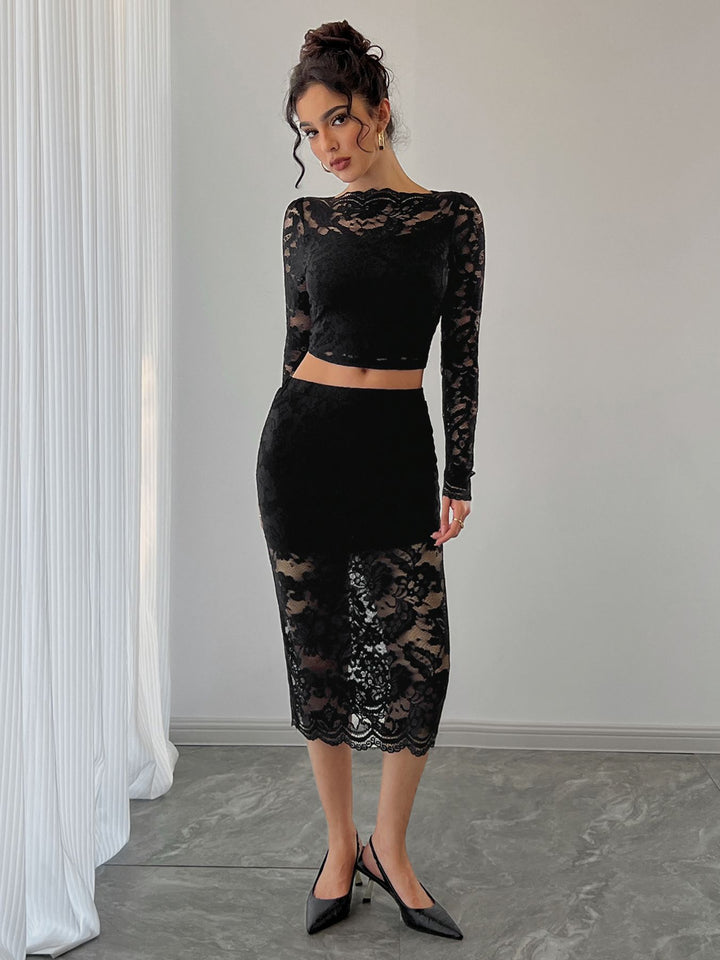 Ladies two-piece lace ensemble with cropped long sleeve top and fitted midi skirt Mune Fashion