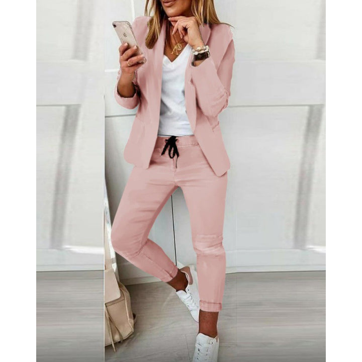 Women's Two-Piece Stretch Jersey Blazer Set with Drawstring Jogging Pants Mune Fashion