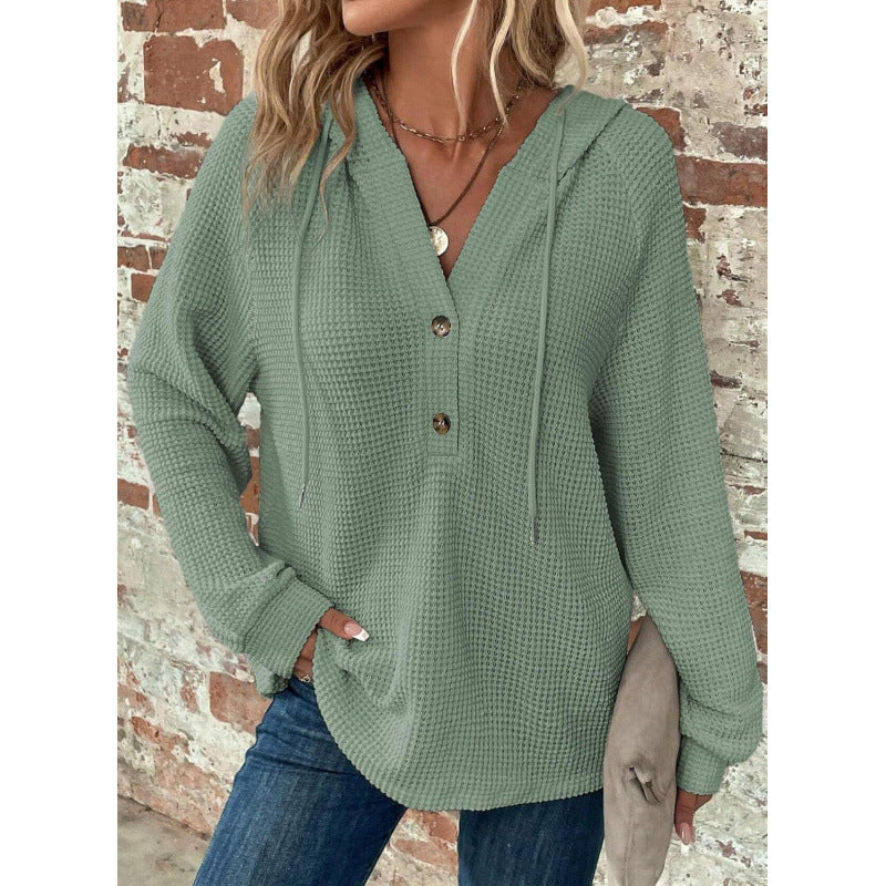Women Waffle Knit Hoodie with Henley Button Placket and Oversized Cut Mune Fashion