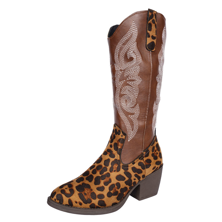 Women's cowboy boots in western look with leopard pattern, embroidered shaft and conical block heel Mune Fashion