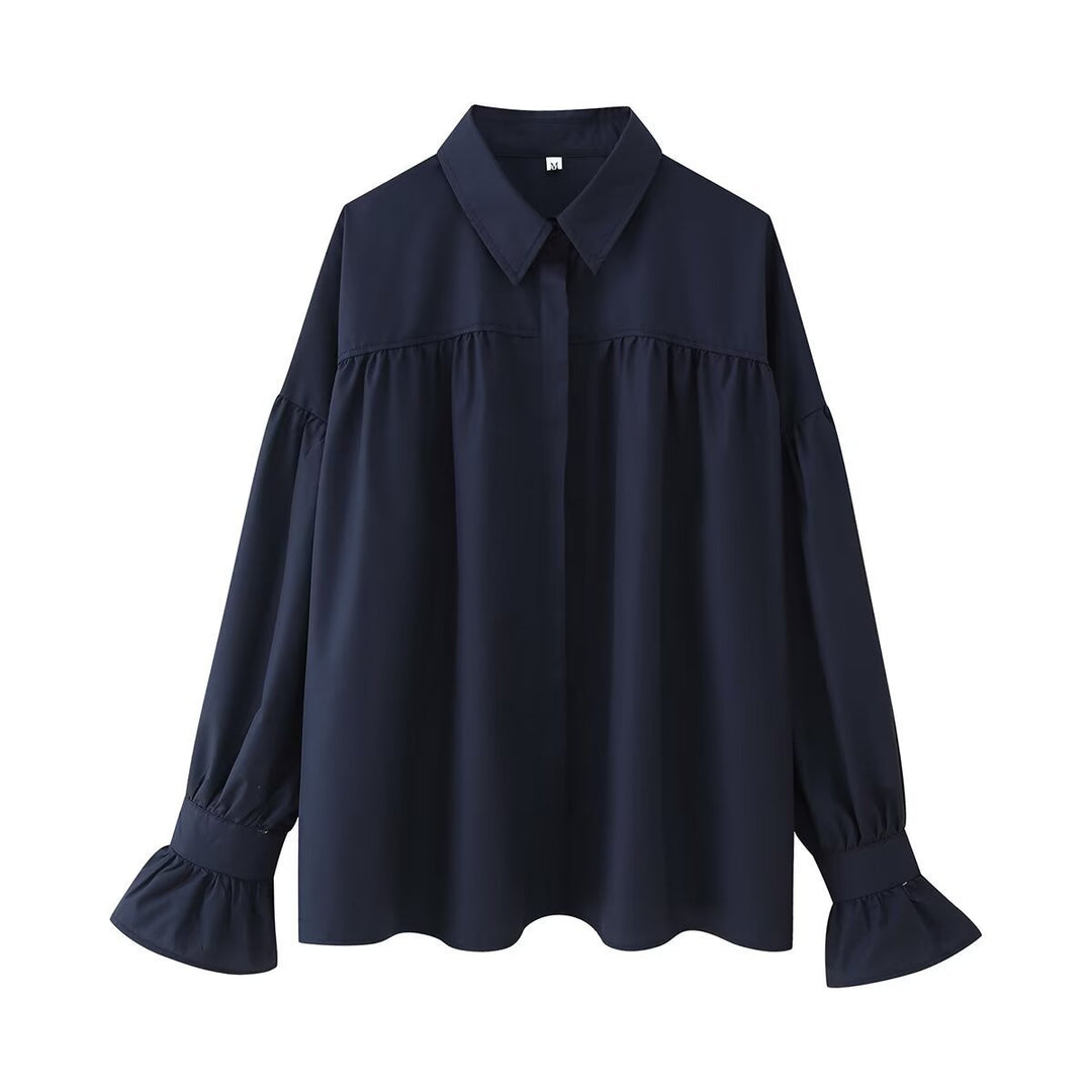 Women nan oversized tunic blouse with concealed button placket, gathered yoke and frill cuff Mune Fashion