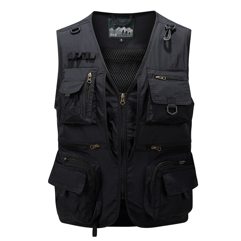 Men's multifunctional fishing vest with mesh lining, multiple zipper and flap pockets.