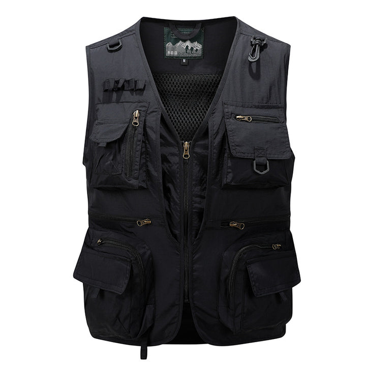 Men's multifunctional fishing vest with mesh lining, multiple zipper and flap pockets.