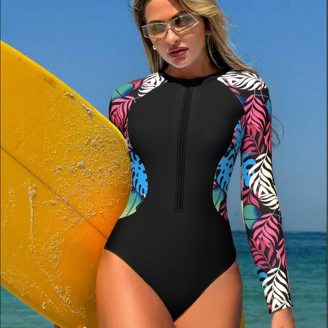 Women's One-Piece Surf Suit with Colorful Plant Pattern Mune Fashion