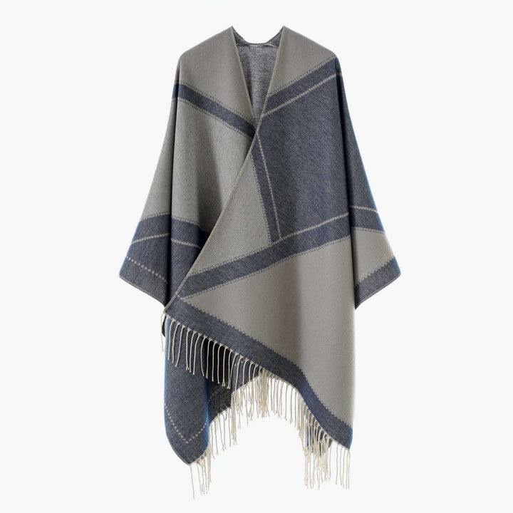 Women's Large Wool Blend Fringe Poncho with Diagonal Contrast Stripes Mune Fashion
