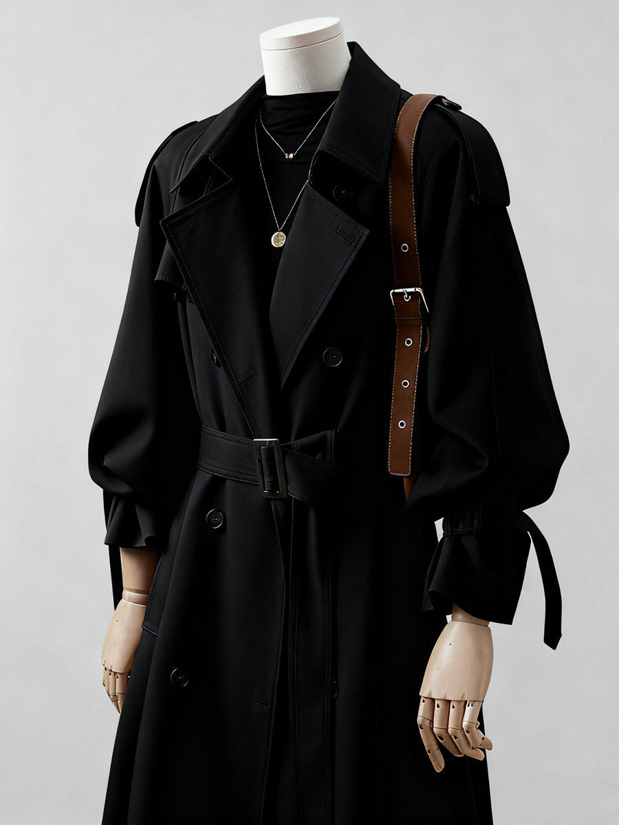 Women's long double-breasted trench coat with shoulder flaps and waist belt Mune Fashion