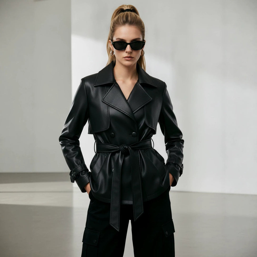 Ladies short trench coat in leather look with double-breasted button placket and waist belt Mune Fashion