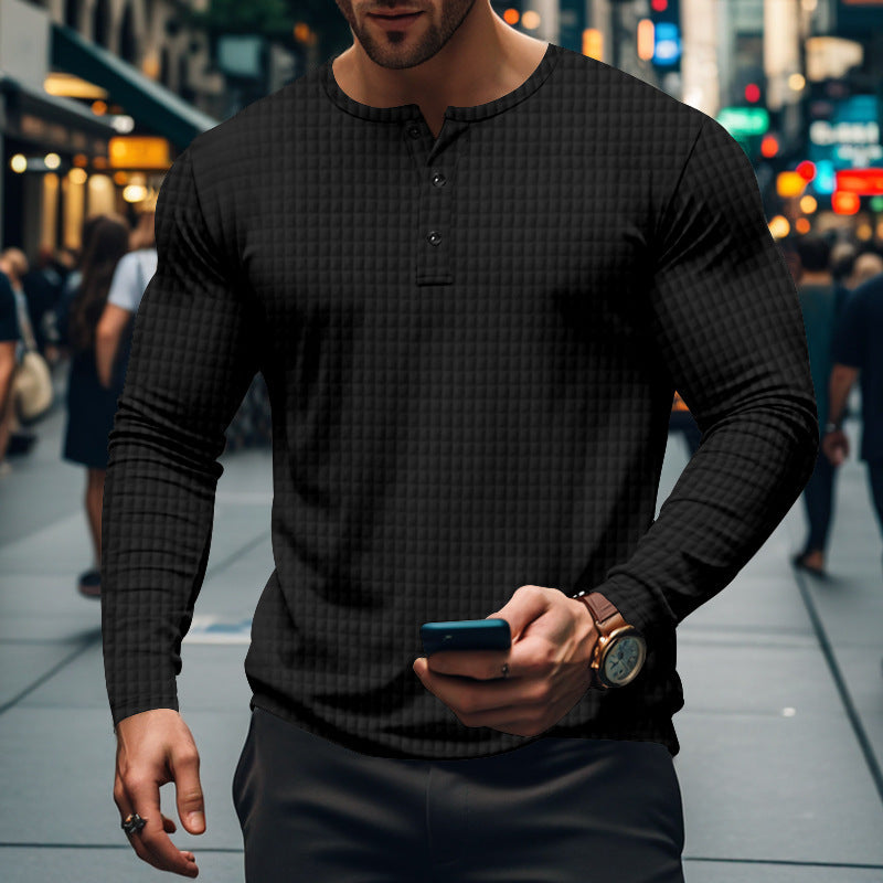 Men's fitted long-sleeve shirt with round neck button placket and waffle structure Mune Fashion