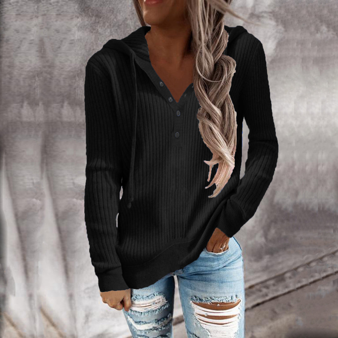 Women's Casual Ribbed Hoodie Sweater with Henley Button Placket and Drawstring Hood