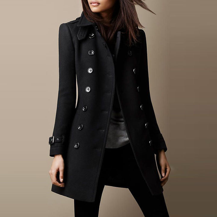 Women's Double-Breasted Wool Blend Trench Coat with Waist Belt Mune Fashion
