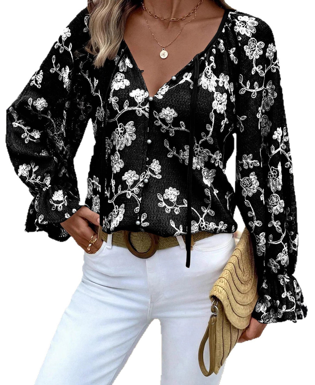 Women's V-Neck Blouse with Floral Embroidery, Pearl Button Placket and Balloon Sleeves Mune Fashion