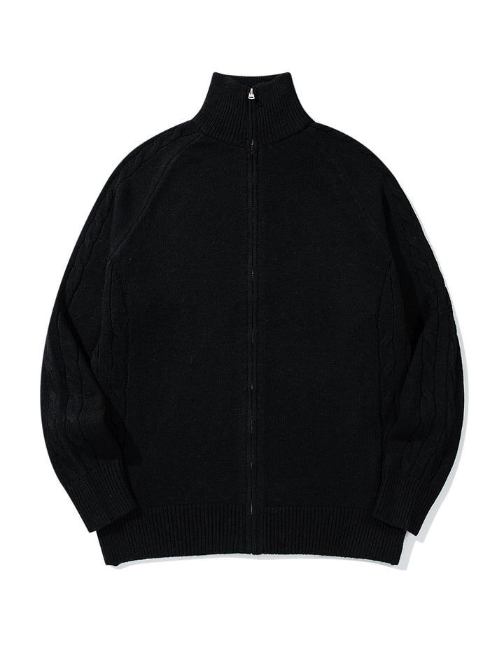 Men's bulky knit zip jacket with funnel collar, raglan sleeves, and cable pattern Mune Fashion