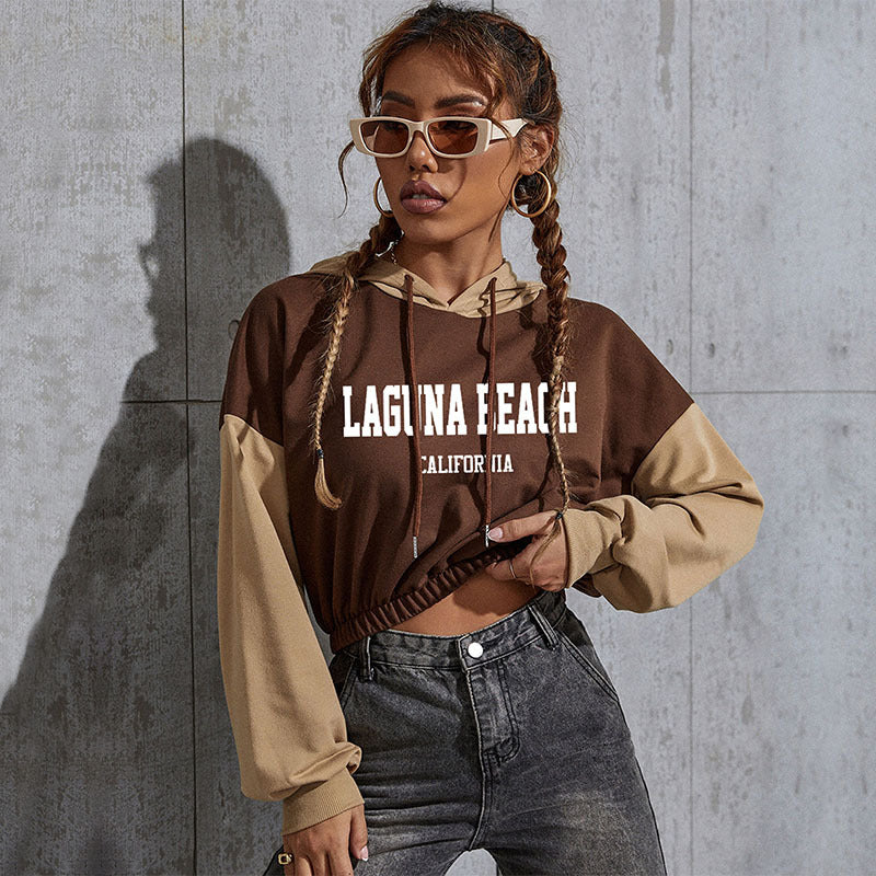 Women's Cropped Hoodie with Contrast Sleeves, Elastic Hem and Melting Smiley Print