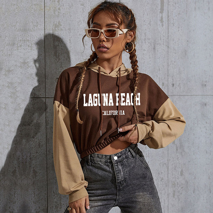 Women's Cropped Hoodie with Contrast Sleeves, Elastic Hem and Melting Smiley Print