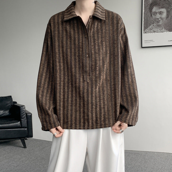 Men's Oversize Long Sleeve Shirt with Polo Collar, Striped Texture & Half Button Placket Mune Fashion