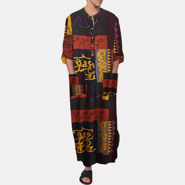 Ladies' Ethno-Maxi dress with stand-up collar, short button placket, dropped sleeves, and A-line cut Mune Fashion