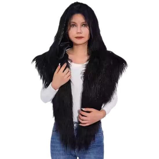 Women’s hooded scarf vest made of long-haired artificial fur Mune Fashion
