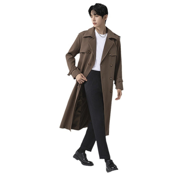 Men's Modern Maxi Long Double-Breasted Trench Coat with Classic Lapels and Adjustable Cuffs Mune Fashion