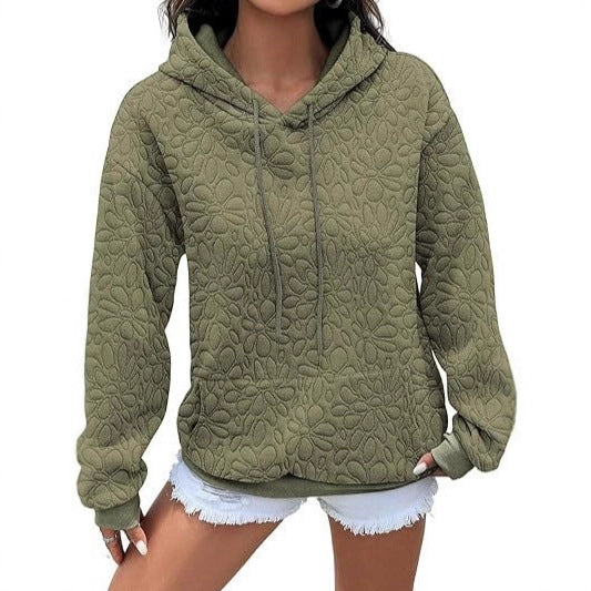 Women's Quilted Hooded Sweatshirt with Floral Quilted Pattern and Kangaroo Pocket Mune Fashion