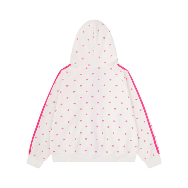 Women's hoodie sweatshirt with star all-over print, wide contrast zipper and side stripes Mune Fashion