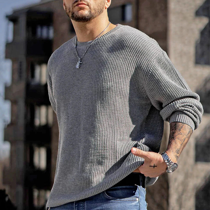 Men's Loose Structured Knit Pullover with Round Neck and Drop Shoulders Mune Fashion