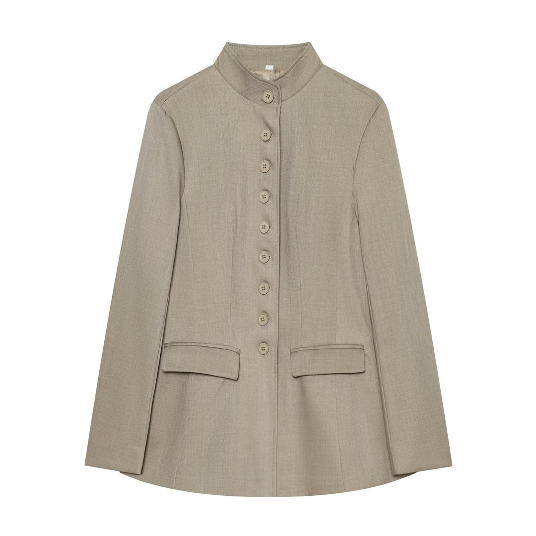 Women Long Blazer with Stand Collar and Continuous Button Placket Mune Fashion