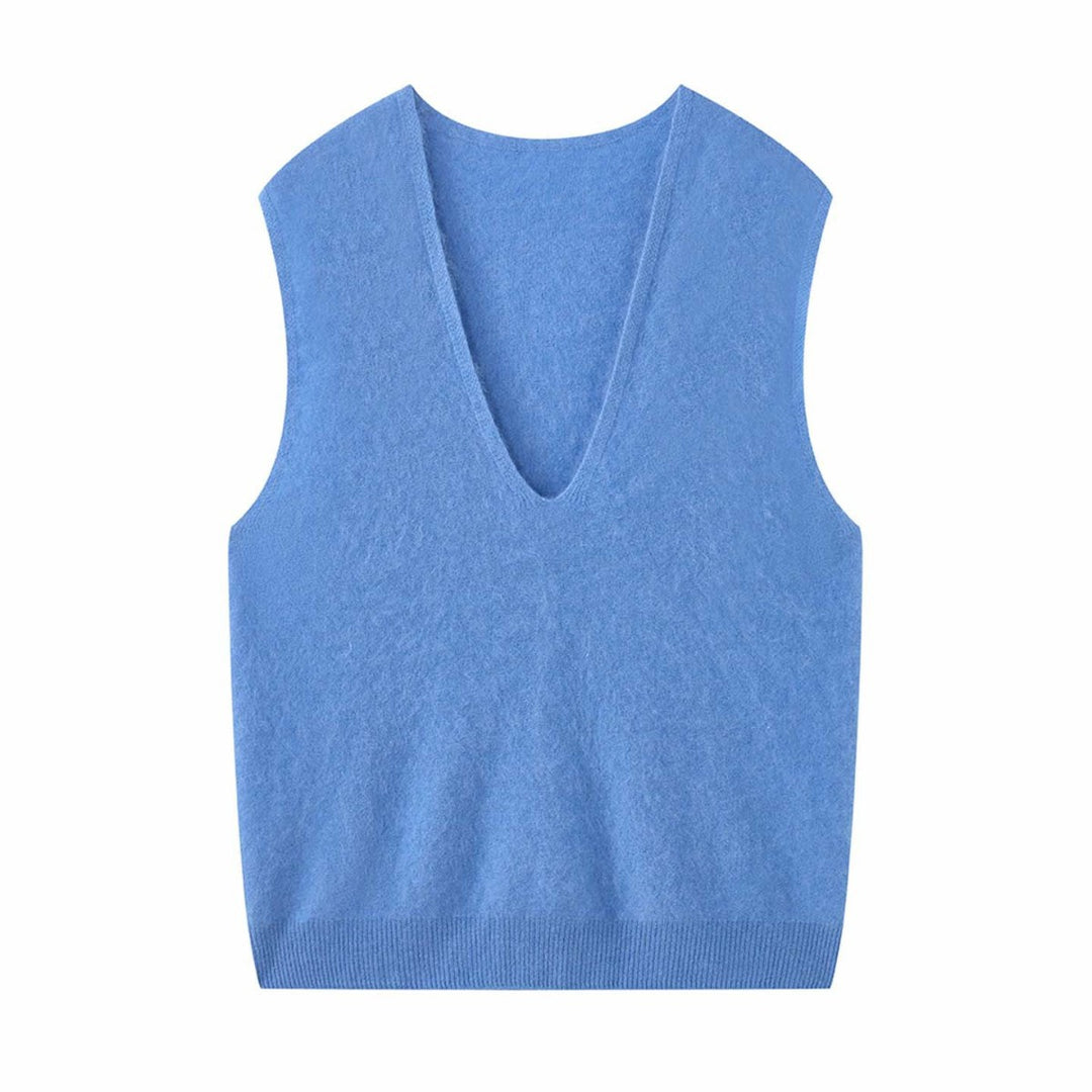Women Sleeveless V-Neck Knit Vest in Mohair Look with Relaxed Fit Mune Fashion