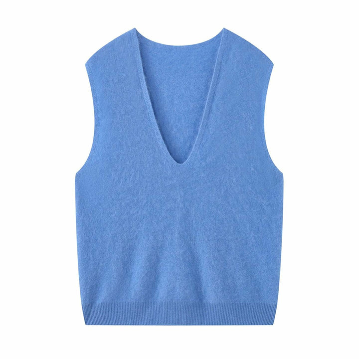 Women Sleeveless V-Neck Knit Vest in Mohair Look with Relaxed Fit Mune Fashion