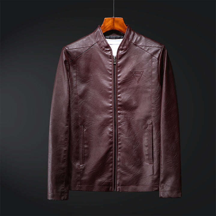 Men's Slim Faux Leather Zip Jacket with Minimalist Stand Collar and Double Stitching Details Mune Fashion