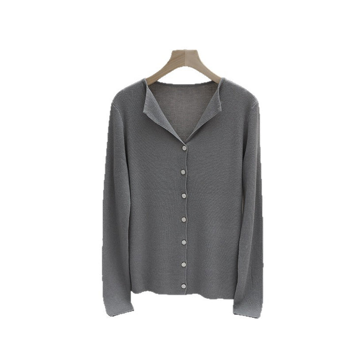 Women's light fine knit cardigan with open shirt collar and shimmering button placket Mune Fashion