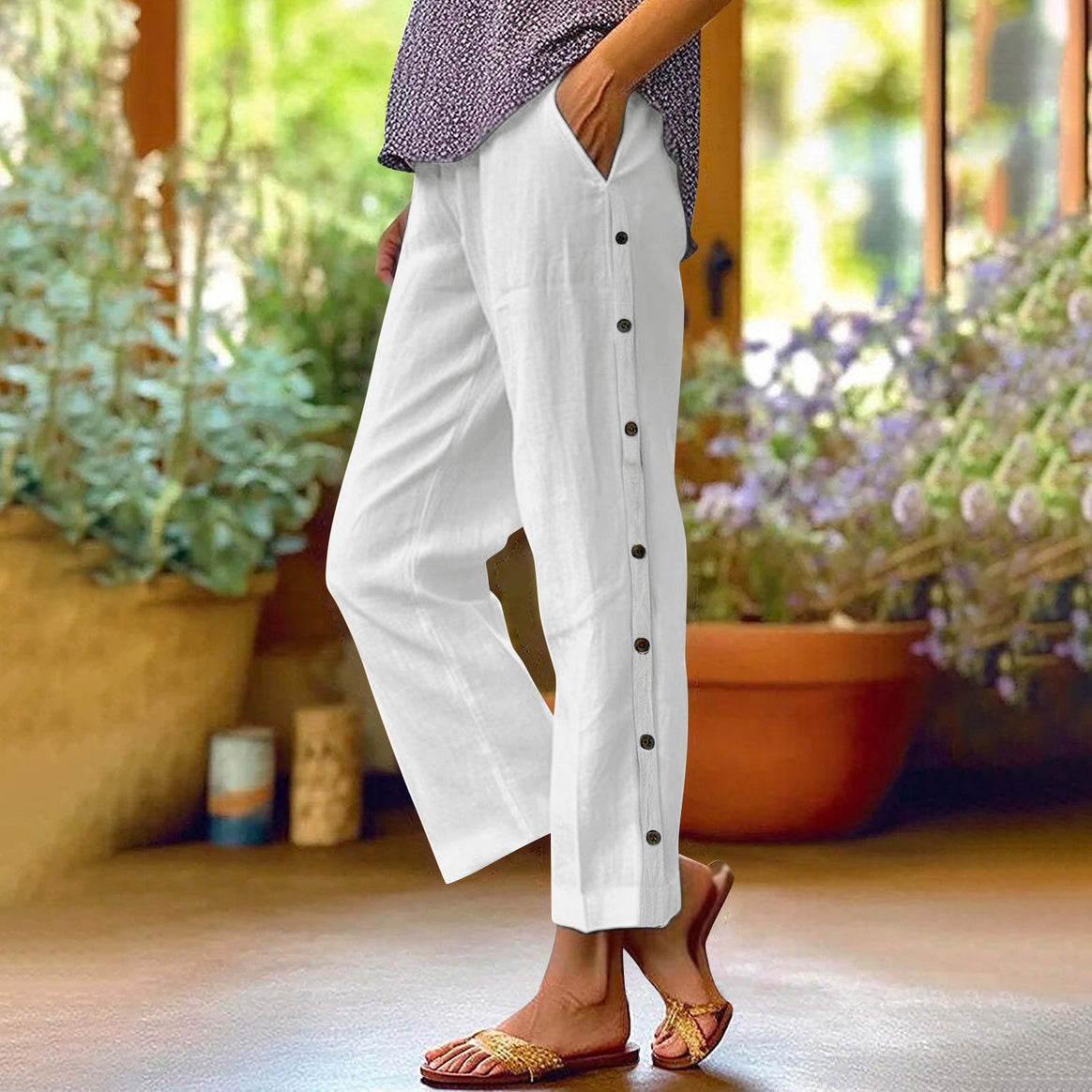 Ladies Light Relaxed Pants with Side Button Placket and Insert Pockets Mune Fashion