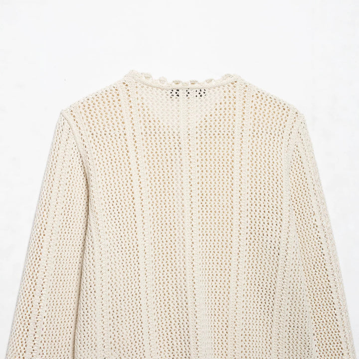 Women's Lightweight Crochet Cardigan with Lace Pattern, Scalloped Hem and Boxy Silhouette Mune Fashion