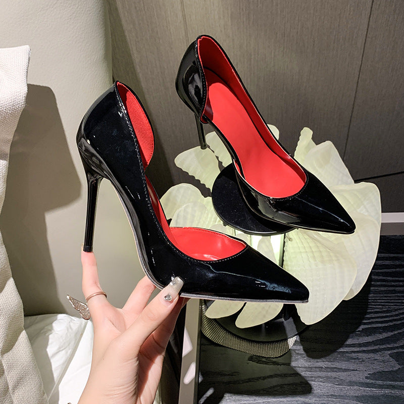 Women's Elegant Lace Patent Pumps with Cut-Out Heel Section and Slim Stiletto Heel Mune Fashion