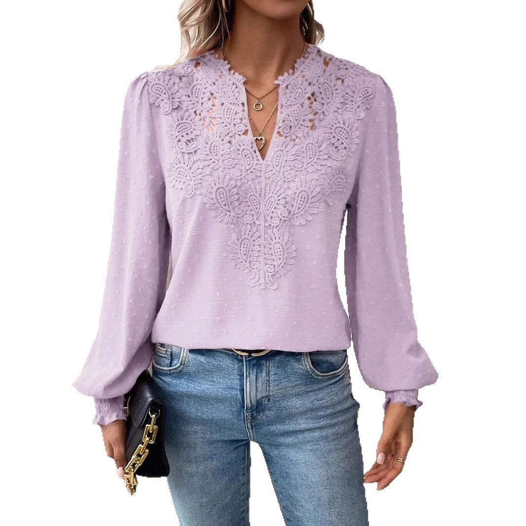 Women blouse with v-neck lace appliqué, structured dot, gathered cuffs and slightly tailored silhouette Mune Fashion